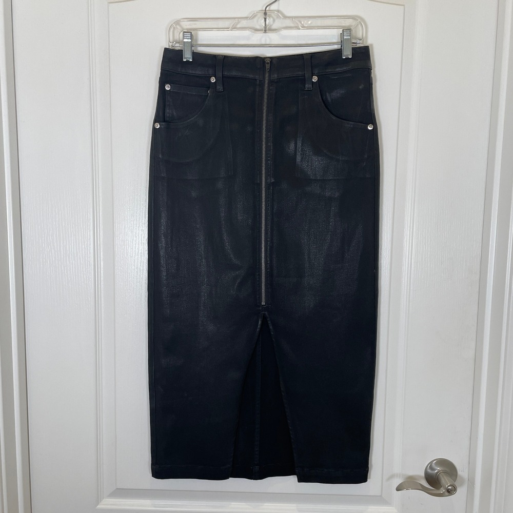 Pistola Black Coated Denim Midi Skirt Exposed Zipper Waxed Pencil Skirt‎ Size 26